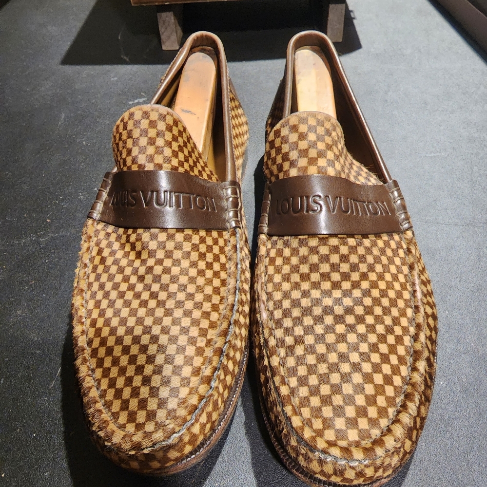 Men's Louis Vuitton Brown Damier Pattern Pony Hair Loafers Size 10